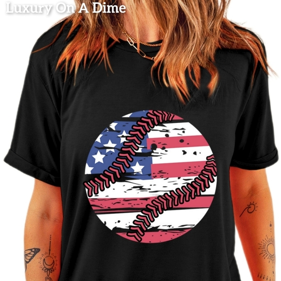 Tops - Baseball American Flag Graphic Shirt Patriotic Womens Lightweight Short Sleeve